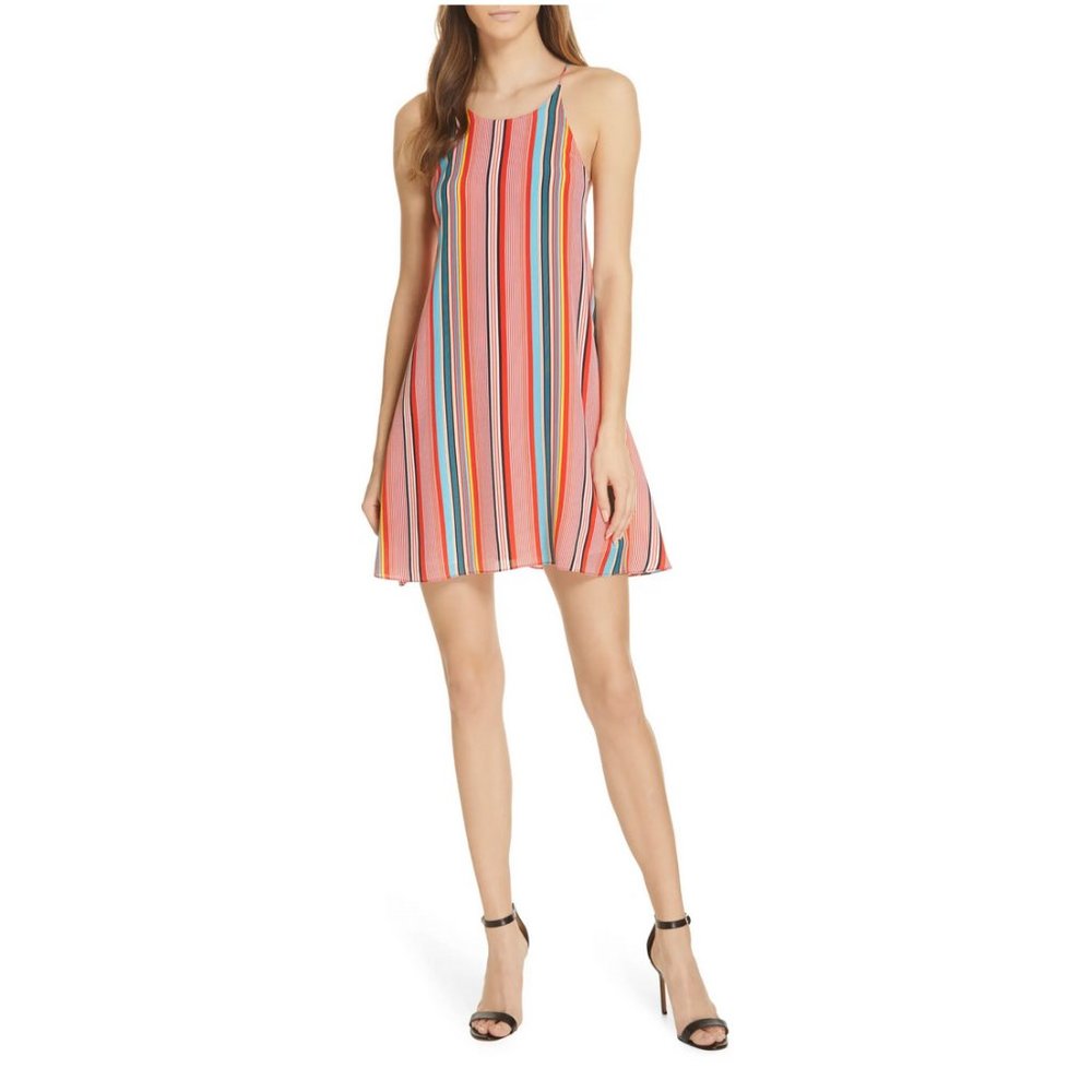 NEW ALICE + OLIVIA Kalia Striped Halter Tie-back Mini Dress Size Medium